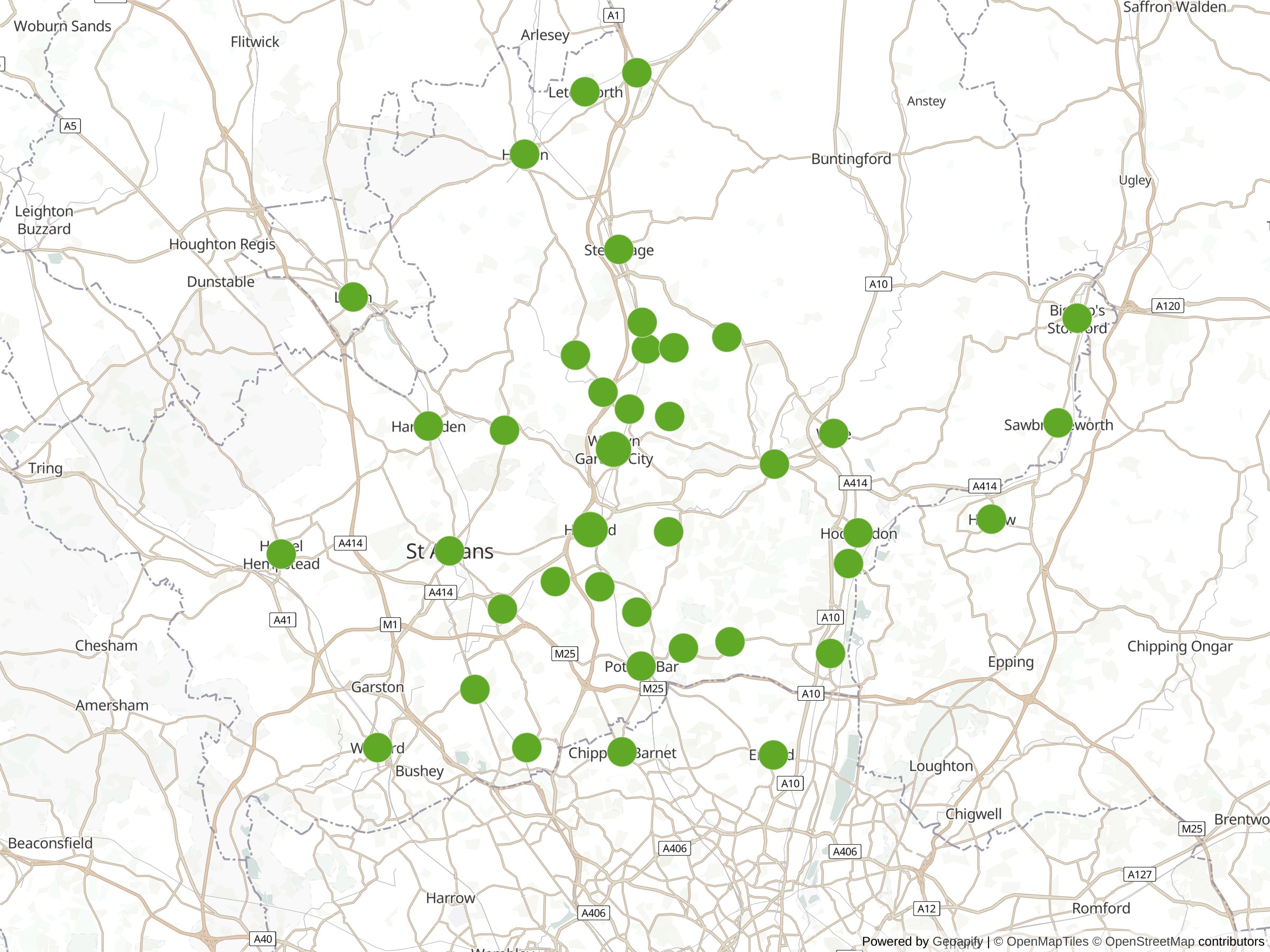 Map of the areas A1 Taxis covers around Welwyn Hatfield