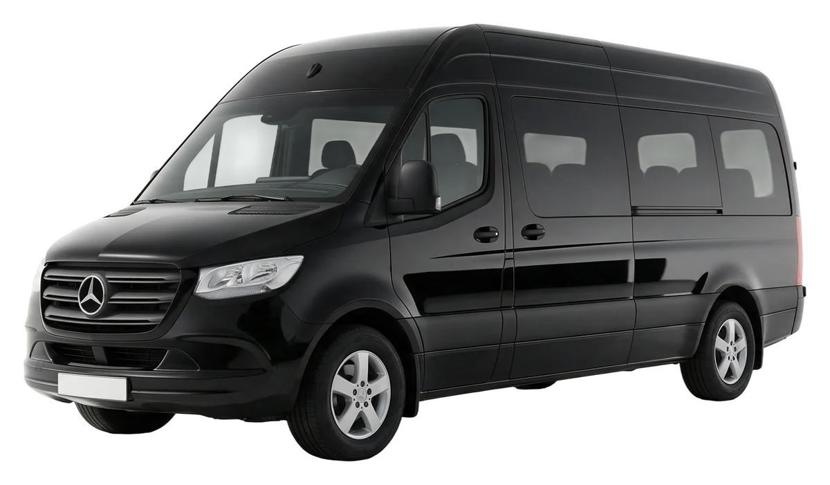 Silver Mercedes-Benz Sprinter 16 seater minibus